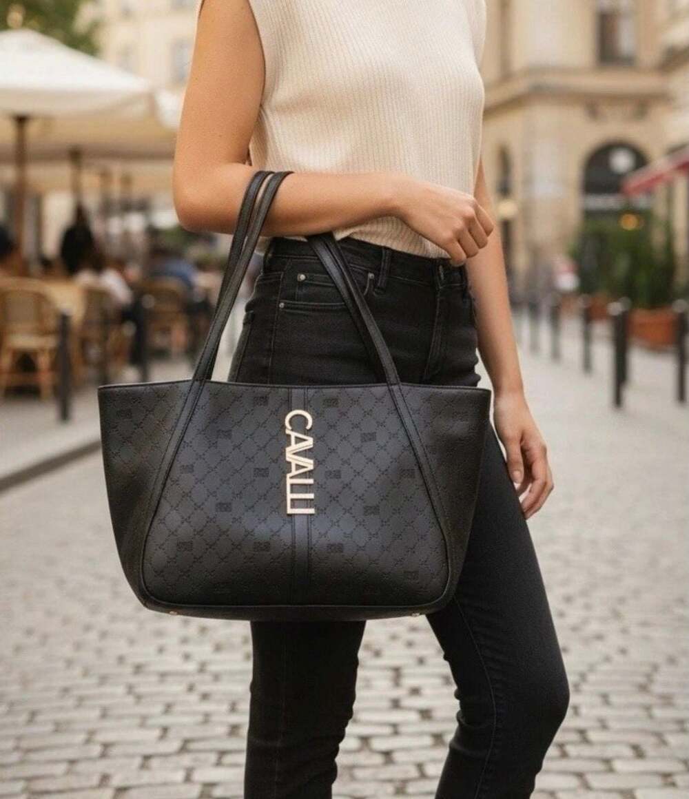 Cavalli Class Logo Embossed Black Tote Bag with Gold-Tone Hardware